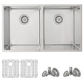 Azuni Double Basin Undermount Kitchen Sink With Grids and Basket Strainers, 32'' W x 18-1/2'' D x 10'' H