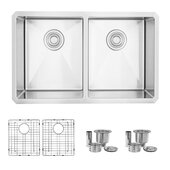 STYLISH International STYLISH™ 28'' W Double Bowl Undermount Stainless Steel Kitchen Sink with Included Grids (x2) and Strainers (x2), 28'' W x 18'' D x 10'' H