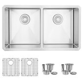 STYLISH International STYLISH™ 32'' W 16 Gauge Double Bowl Undermount Stainless Steel Kitchen Sink with Included Grids (x2) and Strainers (x2), 32'' W x 18'' D x 10'' H