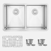 STYLISH International STYLISH™ 30'' W 16 Gauge Double Bowl Undermount Stainless Steel Kitchen Sink with Included Grids (x2) and Strainers (x2), 30'' W x 18'' D x 10'' H