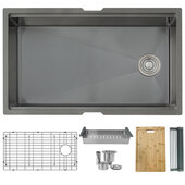  33'' Versa Handmade Graphite Black Workstation Single Bowl Kitchen Sink with Built-In Accessories, 33'' W x 19'' D x 10'' H