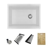  STYLISH 28'' Dual Mount Workstation Single Bowl White Composite Granite Kitchen Sink with Included Accessories, 28'' W x 18'' D x 9-1/2'' H