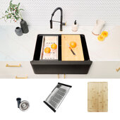  30'' Bronte Farmhouse Workstation Single Bowl Black Composite Apron Kitchen Sink with Built-In Accessories, 30'' W x 21'' D x 10'' H