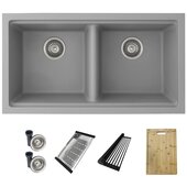  STYLISH 33'' Dual Mount Workstation Double Bowl Gray Composite Granite Kitchen Sink with Included Accessories, 33'' W x 18'' D x 9-1/2'' H