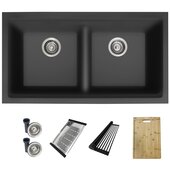  STYLISH 33'' Dual Mount Workstation Double Bowl Black Composite Granite Kitchen Sink with Included Accessories, 33'' W x 18'' D x 9-1/2'' H
