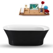 59'' Freestanding, Black Exterior White Interior Oval Bathtub With Chrome Internal Drain and FREE Natural Bamboo Wooden Tray, 59-1/16''W x 28-3/8''D x 22''H