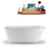  70'' Freestanding Rectangular Bathtub In White With Chrome Internal Drain and FREE Natural Bamboo Wooden Tray, 66-15/16''W x 30-11/16''D x 23-5/8''H