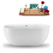  59'' Freestanding Oval Bathtub In White With Chrome Internal Drain and FREE Natural Bamboo Wooden Tray, 59-1/16''W x 28-3/8''D x 23-5/8''H