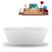  59'' Freestanding Rectangular Bathtub In White With Chrome Internal Drain and FREE Natural Bamboo Wooden Tray, 59-1/16''W x 28-3/8''D x 23-5/8''H
