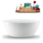  59'' Freestanding Oval Bathtub In White With Chrome Internal Drain and FREE Natural Bamboo Wooden Tray, 59-1/16''W x 28-3/8''D x 23-5/8''H