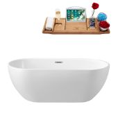  59'' Oval Freestanding Soaking Tub In White With Chrome Internal Drain and FREE Natural Bamboo Wooden Tray, 59-1/8''W x 28-5/16''D x 22-13/16''H