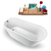  61'' Freestanding Oval Bathtub In White With Chrome Internal Drain and FREE Natural Bamboo Wooden Tray, 61''W x 29-15/16''D x 24-13/16''H