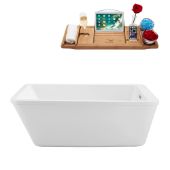  60'' Freestanding Rectangular Soaking Tub In White With Chrome Internal Drain and FREE Natural Bamboo Wooden Tray, 60''W x 32''D x 22''H
