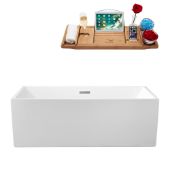  66'' Freestanding Rectangular Soaking Tub In White With Chrome Internal Drain and FREE Natural Bamboo Wooden Tray, 65-11/16''W x 31-1/2''D x 23-5/8''H
