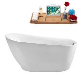  67'' Oval Freestanding Soaking Tub In White With Chrome Internal Drain and FREE Natural Bamboo Wooden Tray, 66-7/8''W x 30-11/16''D x 28''H