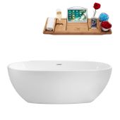  59'' Oval Freestanding Soaking Tub In White With Chrome Internal Drain and FREE Natural Bamboo Wooden Tray, 59-1/8''W x 29-1/2''D x 22-13/16''H