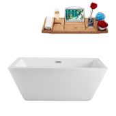  60'' Freestanding Rectangular Soaking Tub In White With Chrome Internal Drain and FREE Natural Bamboo Wooden Tray, 60-3/16''W x 27-5/8''D x 23-5/8''H