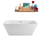  70'' Freestanding Rectangular Soaking Tub In White With Chrome Internal Drain and FREE Natural Bamboo Wooden Tray, 70-5/16''W x 31-1/2''D x 23-5/8''H