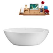  63'' Oval Freestanding Soaking Tub In White With Chrome Internal Drain and FREE Natural Bamboo Wooden Tray, 62-5/8''W x 31-7/8''D x 23-5/8''H