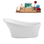  63'' Oval Freestanding Soaking Tub In White With Chrome Internal Drain and FREE Natural Bamboo Wooden Tray, 62-5/8''W x 27-5/8''D x 31-1/8''H