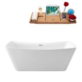  62'' Freestanding Rectangular Soaking Tub In White With Chrome Internal Drain and FREE Natural Bamboo Wooden Tray, 62-3/16''W x 29-1/2''D x 24-13/16''H
