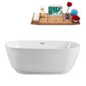  59'' Oval Freestanding Soaking Tub In White With Chrome Internal Drain and FREE Natural Bamboo Wooden Tray, 59-1/8''W x 28-5/16''D x 22''H