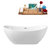  66'' Oval Freestanding Soaking Tub In White With Chrome Internal Drain and FREE Natural Bamboo Wooden Tray, 66-7/8''W x 28-5/16''D x 26''H