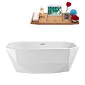  63'' Octagon Freestanding Soaking Tub In White With Chrome Internal Drain and FREE Natural Bamboo Wooden Tray, 63''W x 28-11/16''D x 23-5/8''H