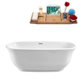  59'' Oval Freestanding Soaking Tub In White With Chrome Internal Drain and FREE Natural Bamboo Wooden Tray, 59-1/8''W x 28-5/16''D x 22-13/16''H