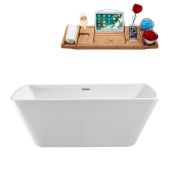  67'' Freestanding Rectangular Soaking Tub In White With Chrome Internal Drain and FREE Natural Bamboo Wooden Tray, 66-7/8''W x 30-11/16''D x 24-3/8''H