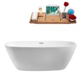  59'' Oval Freestanding Soaking Tub In White With Chrome Internal Drain and FREE Natural Bamboo Wooden Tray, 59-1/8''W x 28-5/16''D x 22''H