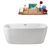  59'' Oval Freestanding Soaking Tub In White With Chrome Internal Drain and FREE Natural Bamboo Wooden Tray, 59-1/8''W x 28-5/16''D x 23-5/8''H