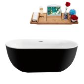  59'' Freestanding, Black Exterior White Interior, Soaking Tub With Chrome Internal Drain and FREE Natural Bamboo Wooden Tray, 59-1/8''W x 28-5/16''D x 22''H