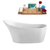  59'' Oval Freestanding Soaking Tub In White With Chrome Internal Drain and FREE Natural Bamboo Wooden Tray, 59-1/8''W x 28-5/16''D x 31-1/2''H
