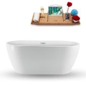  59'' Oval Freestanding Soaking Bathtub In White With Chrome External Drain and FREE Natural Bamboo Wooden Tray, 59-1/16''W x 28-3/8''D x 22-13/16''H
