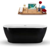  70'' Oval Freestanding Black Exterior Soaking Bathtub With Chrome Internal Drain and FREE Natural Bamboo Wooden Tray, 66-15/16''W x 31-1/2''D x 23-5/8''H