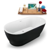  N882 67'' Modern Oval Soaking Freestanding Bathtub, Black Exterior, White Interior, Polished Chrome Internal Drain, with Bamboo Tray