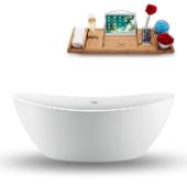  75'' Oval Freestanding Soaking Bathtub In White With Chrome Internal Drain and FREE Natural Bamboo Wooden Tray, 74-13/16''W x 35-7/16''D x 27-5/8''H