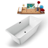  N1000 71'' Modern Rectangular Soaking Freestanding Bathtub, White Exterior, White Interior, Black Internal Drain, with Bamboo Tray