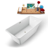  N1000 71'' Modern Rectangular Soaking Freestanding Bathtub, White Exterior, White Interior, Brushed Nickel Drain, with Bamboo Tray
