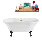  60'' Oval Soaking Bathtub In White With Black Clawfoot, Included External Drain In Polished Gold and FREE Natural Bamboo Wood Tray, 60''W x 32''D x 26-3/8''H