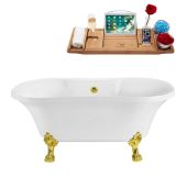  60'' Oval Soaking Bathtub In White With Gold Clawfoot, Included External Drain In Polished Gold and FREE Natural Bamboo Wood Tray, 60''W x 32''D x 26-3/8''H