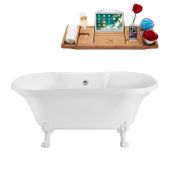  60'' Oval Soaking Bathtub In White With White Clawfoot, Included External Drain In Polished Chrome and FREE Natural Bamboo Wood Tray, 60''W x 32''D x 26-3/8''H