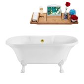  60'' Oval Soaking Bathtub In White With White Clawfoot, Included External Drain In Polished Gold and FREE Natural Bamboo Wood Tray, 60''W x 32''D x 26-3/8''H