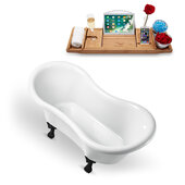  N1020 62'' Vintage Oval Soaking Clawfoot Bathtub, White Exterior, White Interior, Black Clawfoot, Gold Drain, with Bamboo Tray