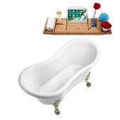  N1020 62'' Vintage Oval Soaking Clawfoot Tub, White Exterior, White Interior, Brushed Nickel Clawfoot, Gold Drain, w/ Bamboo Tray