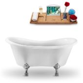  62'' Oval Bathtub In White With Chrome Clawfoot, Included Internal Drain In Polished Chrome and and FREE Natural Bamboo Wood Tray, 62-3/16''W x 30-11/16''D x 30-5/16''H