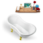  N1020 62'' Vintage Oval Soaking Clawfoot Bathtub, White Exterior, White Interior, Gold Clawfoot, Gold Drain, with Bamboo Tray