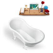  N1020 62'' Vintage Oval Soaking Clawfoot Bathtub, White Exterior, White Interior, White Clawfoot, Gold Drain, with Bamboo Tray