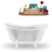  62'' Oval Bathtub In White With White Clawfoot, Included Internal Drain In Polished Chrome and and FREE Natural Bamboo Wood Tray, 62-3/16''W x 30-11/16''D x 30-5/16''H